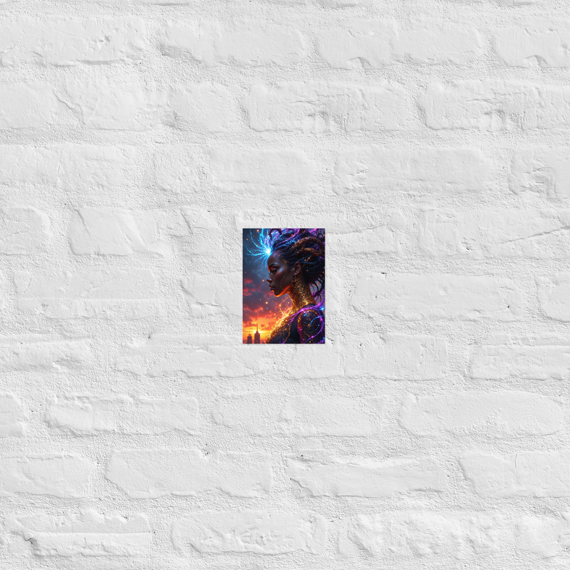 Artistic poster showing a woman’s silhouette against a dramatic orange and purple sky with lightning effects.