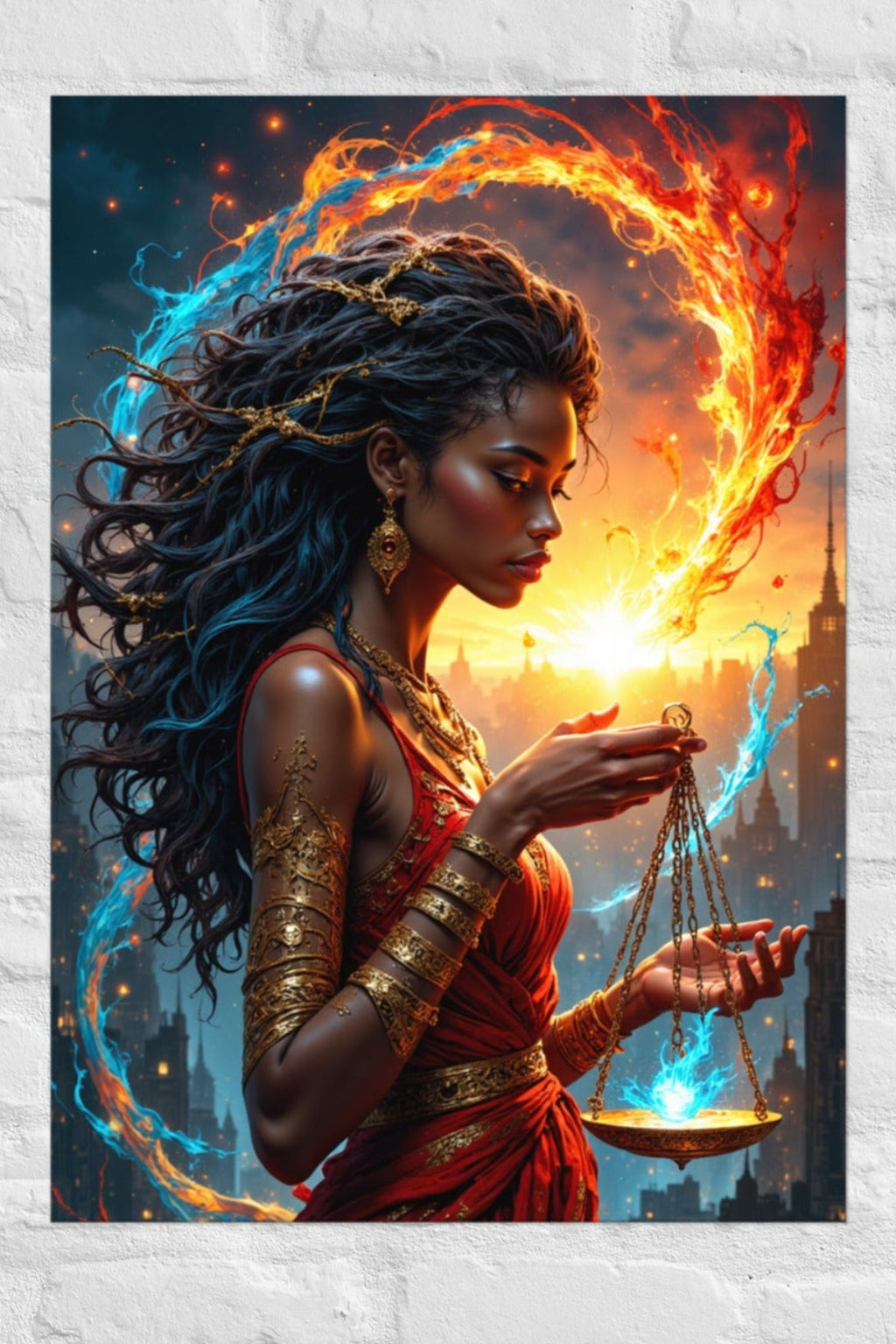 African goddess wall art with fire and ice swirling elements.