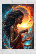 African goddess wall art with fire and ice swirling elements.