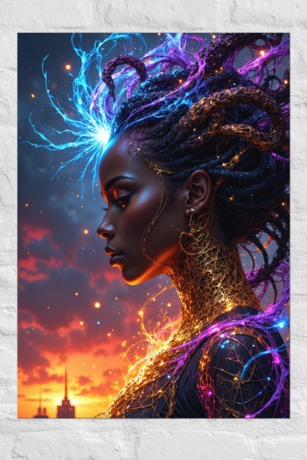 Profile of a woman with glowing blue and purple energy flowing through her braided hair against a sunset sky.