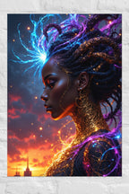 Profile of a woman with glowing blue and purple energy flowing through her braided hair against a sunset sky.
