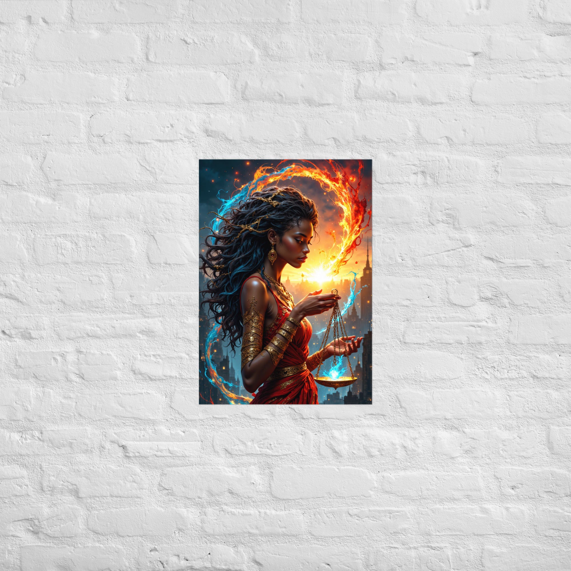 Mystical black woman fantasy poster with urban sunset background.