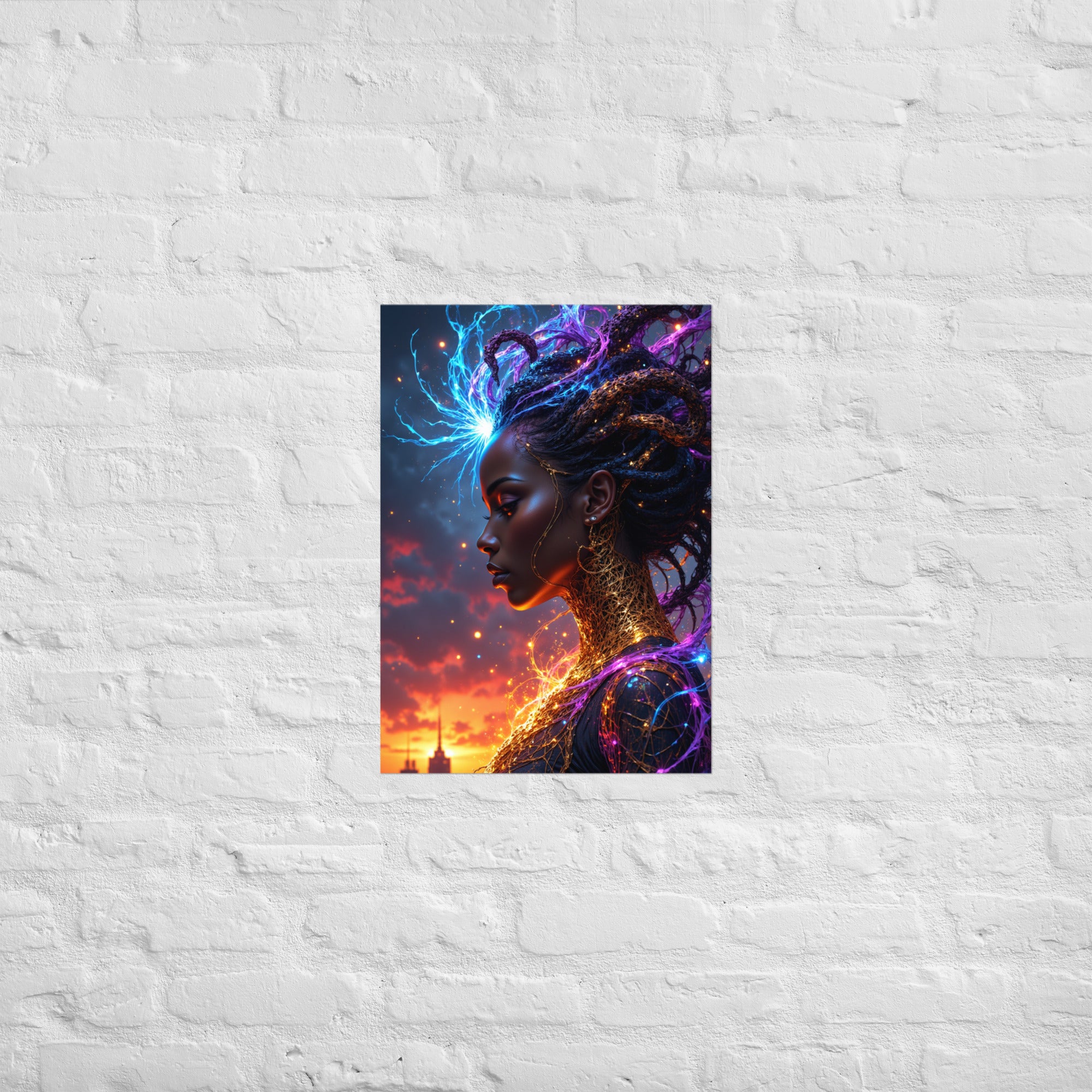 Digital art poster of a celestial woman featuring golden filigree patterns on her neck and shoulders.