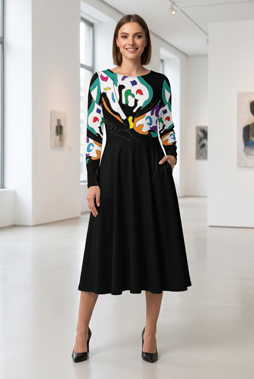 Brown-bob model in a black long sleeve midi dress with oversized colourful butterfly artwork across the bodice and sleeves, a black flared skirt and black heels.