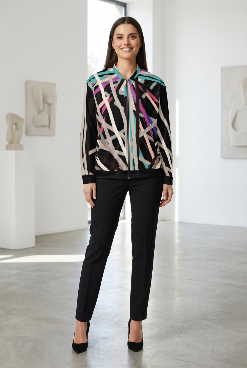 Long-haired brunette model wearing a black multicolour abstract art bomber jacket with black trousers and heels in a sunlit white gallery.