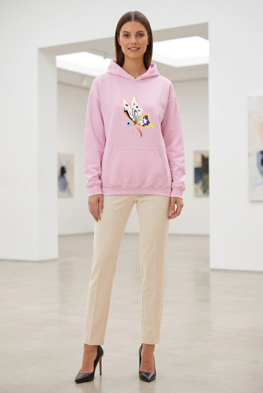 Brown-haired model looking directly at the camera in a pink butterfly graphic hoodie, ivory trousers and black heels in a white-wall contemporary gallery.