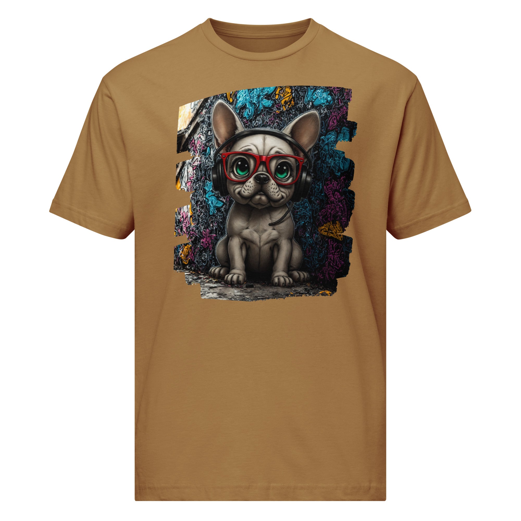 Product mockupUrban Frenchie streetwear design featuring a dog in spectacles against a colourful street art wall.