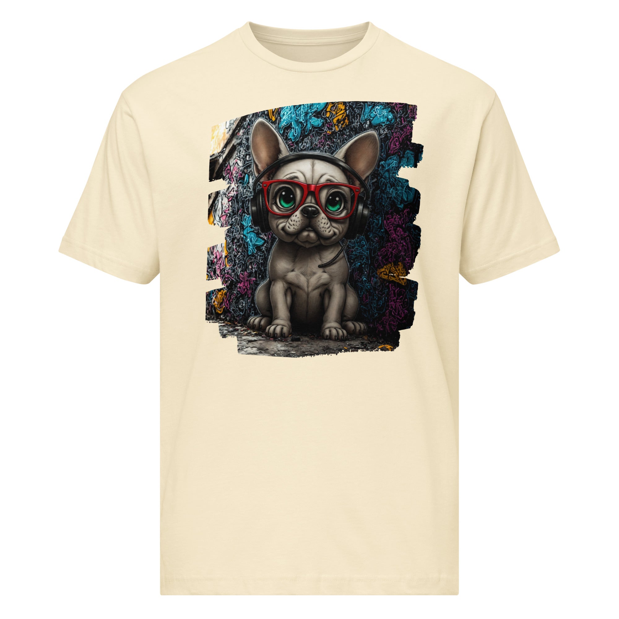 Artistic Frenchie pup illustration with intricate fur details and a neon graffiti backdrop.