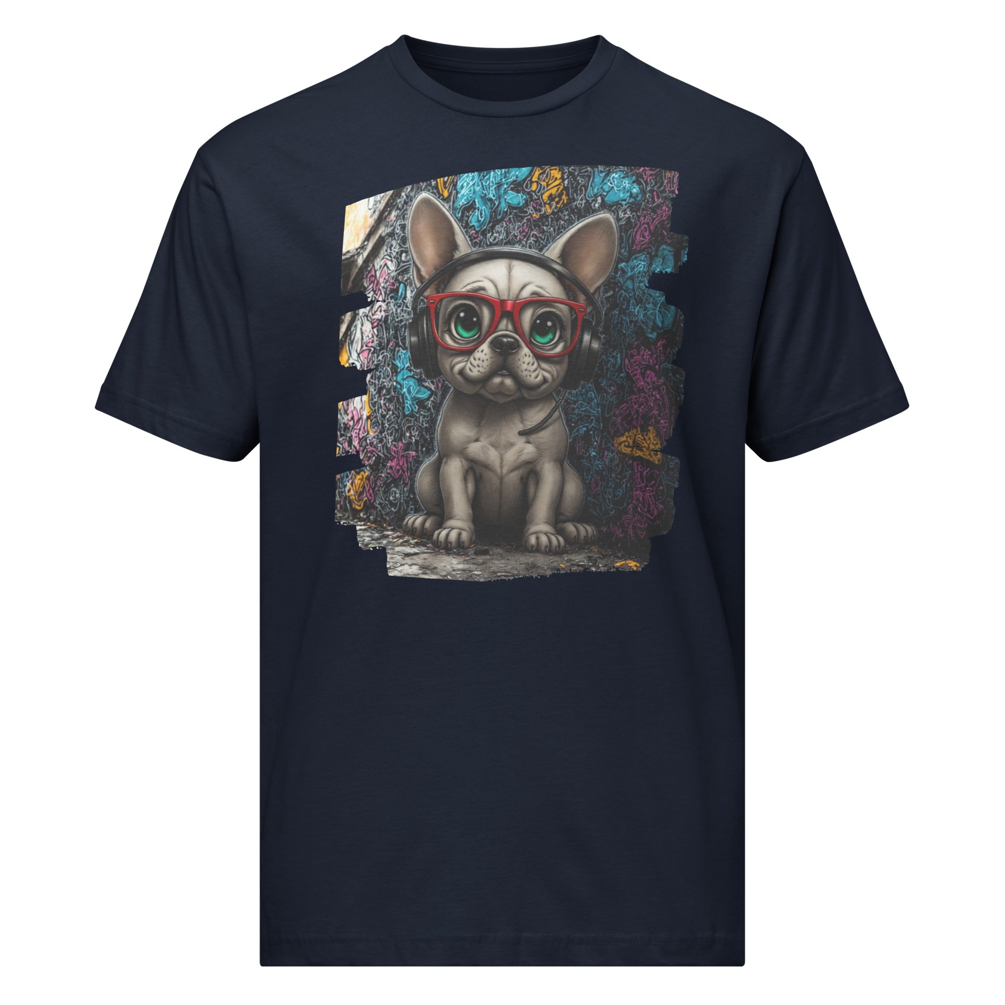 Detailed illustration of a French Bulldog DJ with oversized headphones and bright red frames.