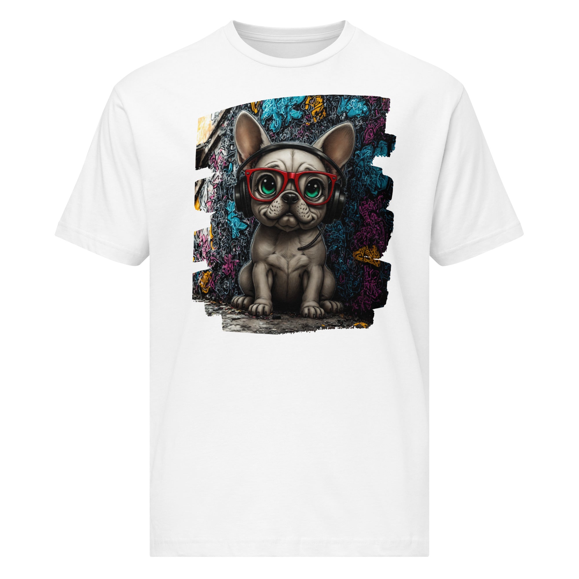 Stylish streetwear graphic of a French Bulldog in red glasses for Apparelhue apparel.