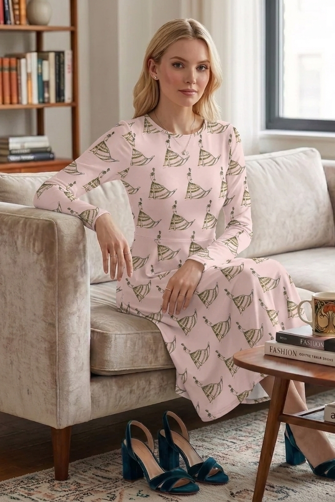 Woman in a pink patterned dress sitting on a beige sofa in a cozy living room.