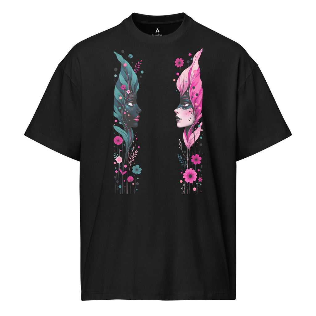 Black unisex graphic tee with dual floral face artwork in pink and teal