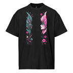 Black unisex graphic tee with dual floral face artwork in pink and teal