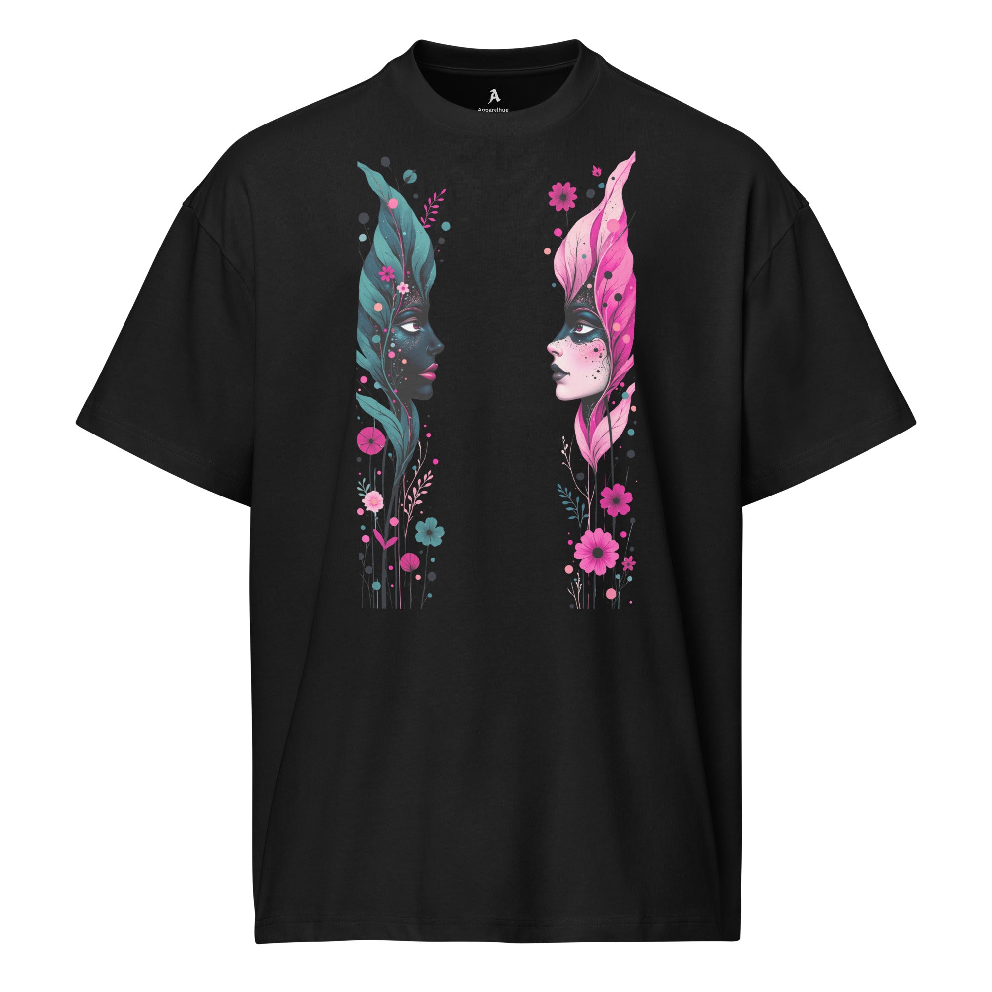 Black unisex graphic tee with dual floral face artwork in pink and teal