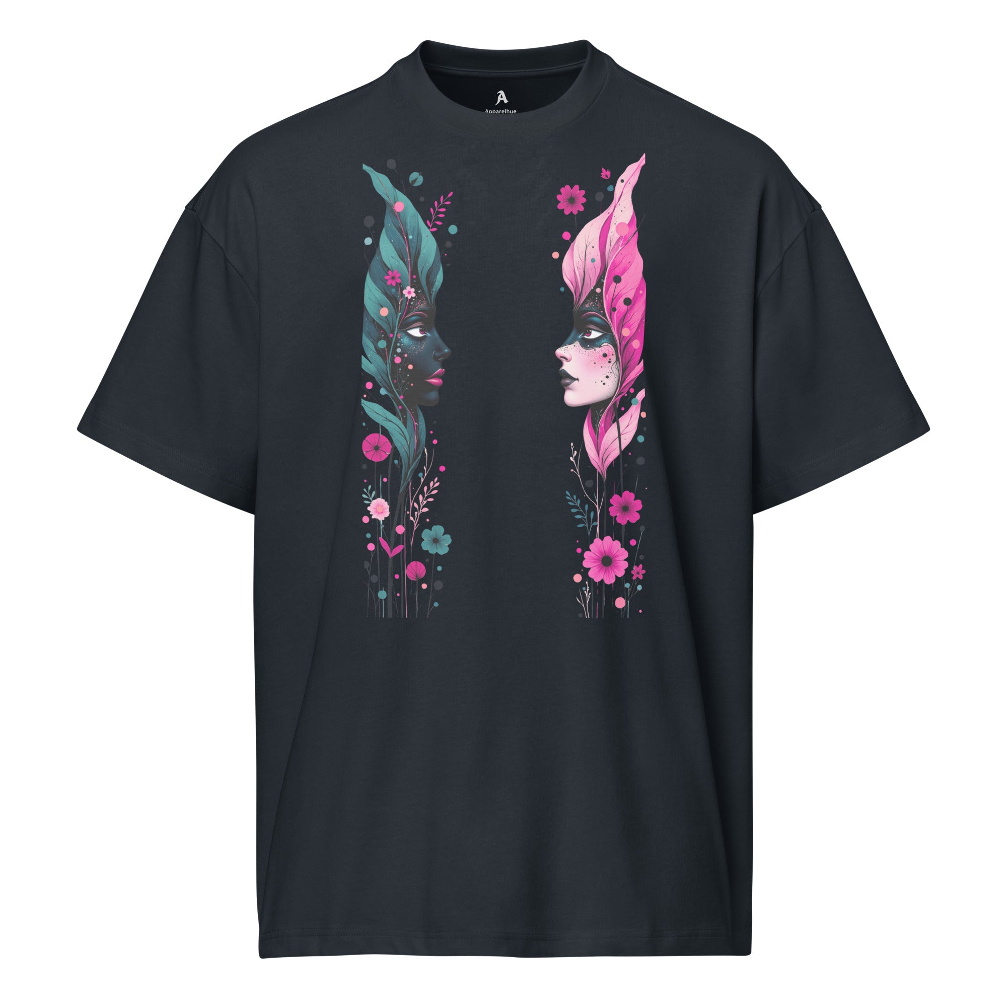 Abstract floral face illustration printed on black t-shirt