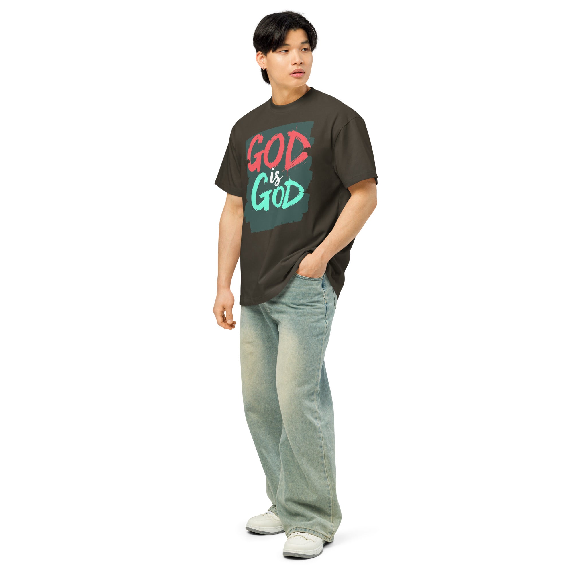 Side view God is God men’s boxy t-shirt
