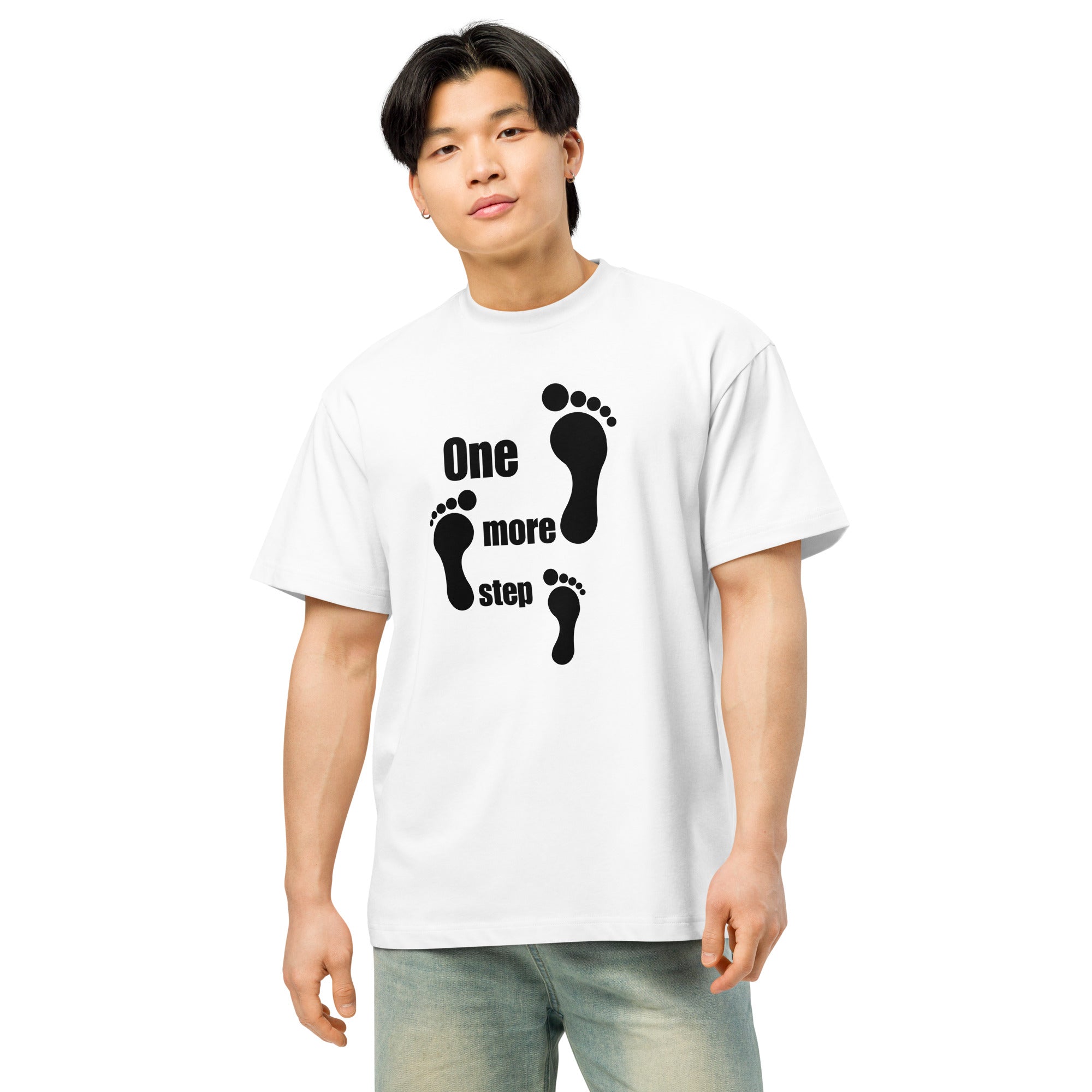 Unisex fit demonstration of the One More Step graphic tee.