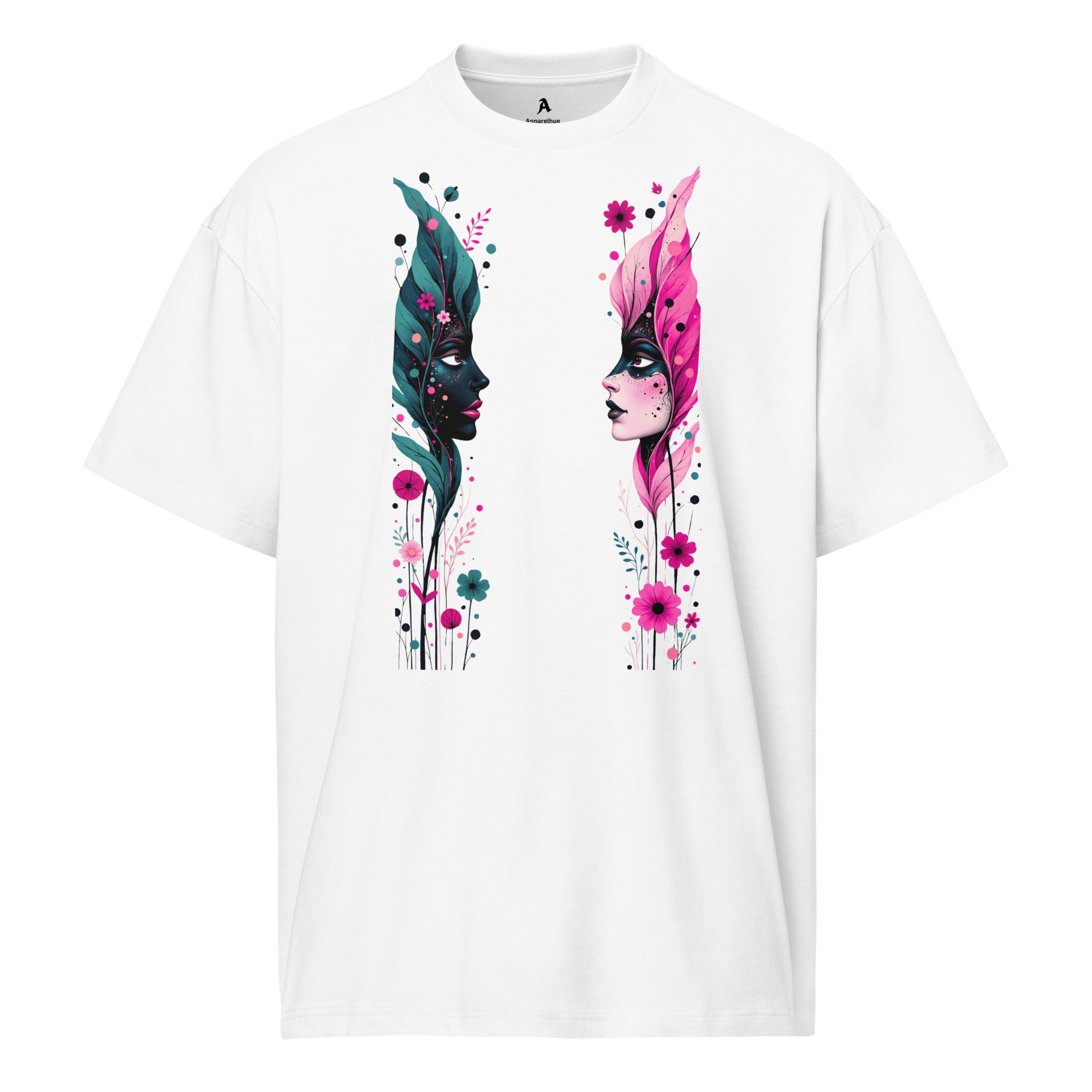 Artistic streetwear tee with pink and teal floral face graphic