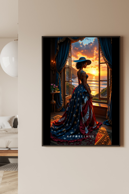 A framed vertical art print hangs on a beige wall in a modern, minimalist bedroom. The print features a woman in a voluminous red, white, and blue patterned gown standing by a window at sunset, with the text 'APPREHENSIVE' at the bottom.