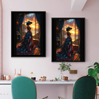 Two framed art prints depicting a woman in a patriotic red, white, and blue dress by a sunset window, displayed on a light pink wall above a dining table with green chairs.