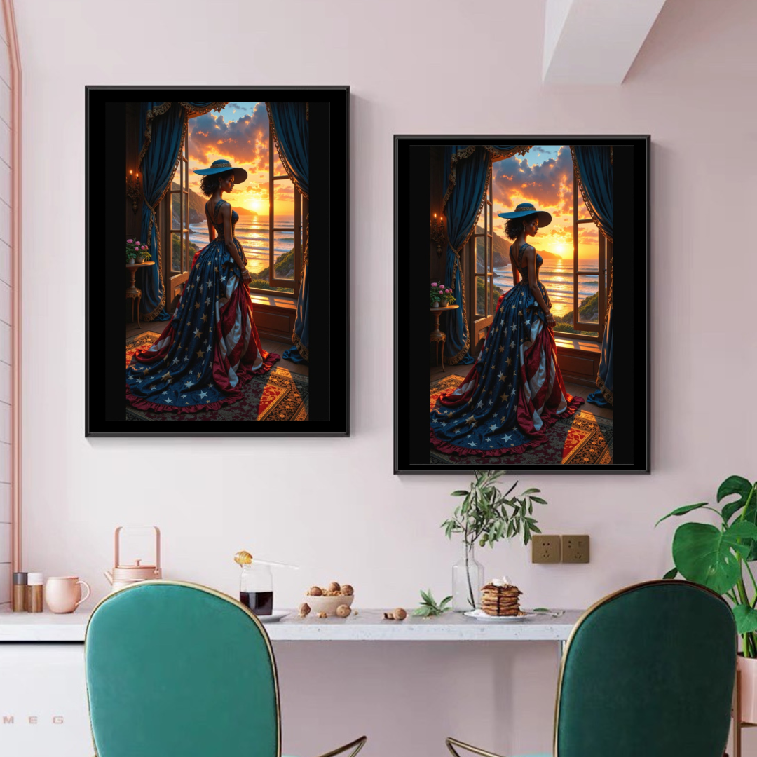 Two framed art prints depicting a woman in a patriotic red, white, and blue dress by a sunset window, displayed on a light pink wall above a dining table with green chairs.