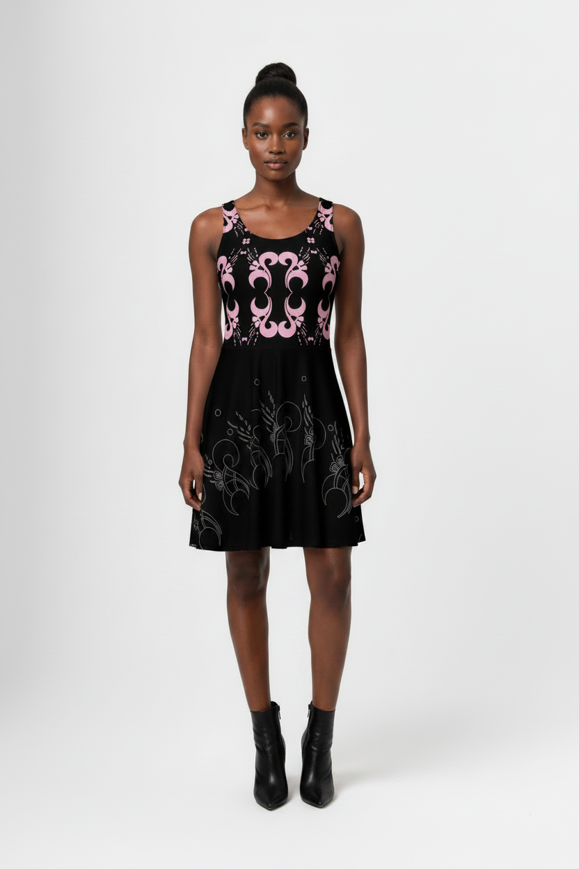 Black sleeveless dress with pink floral pattern worn by a model on a white background