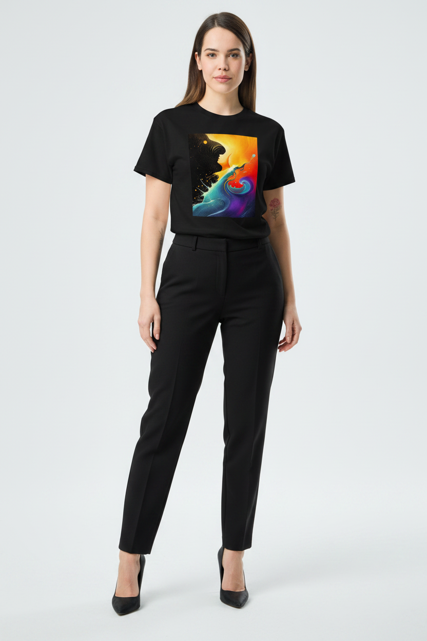 Woman wearing a black t-shirt with a colorful graphic design on a white background