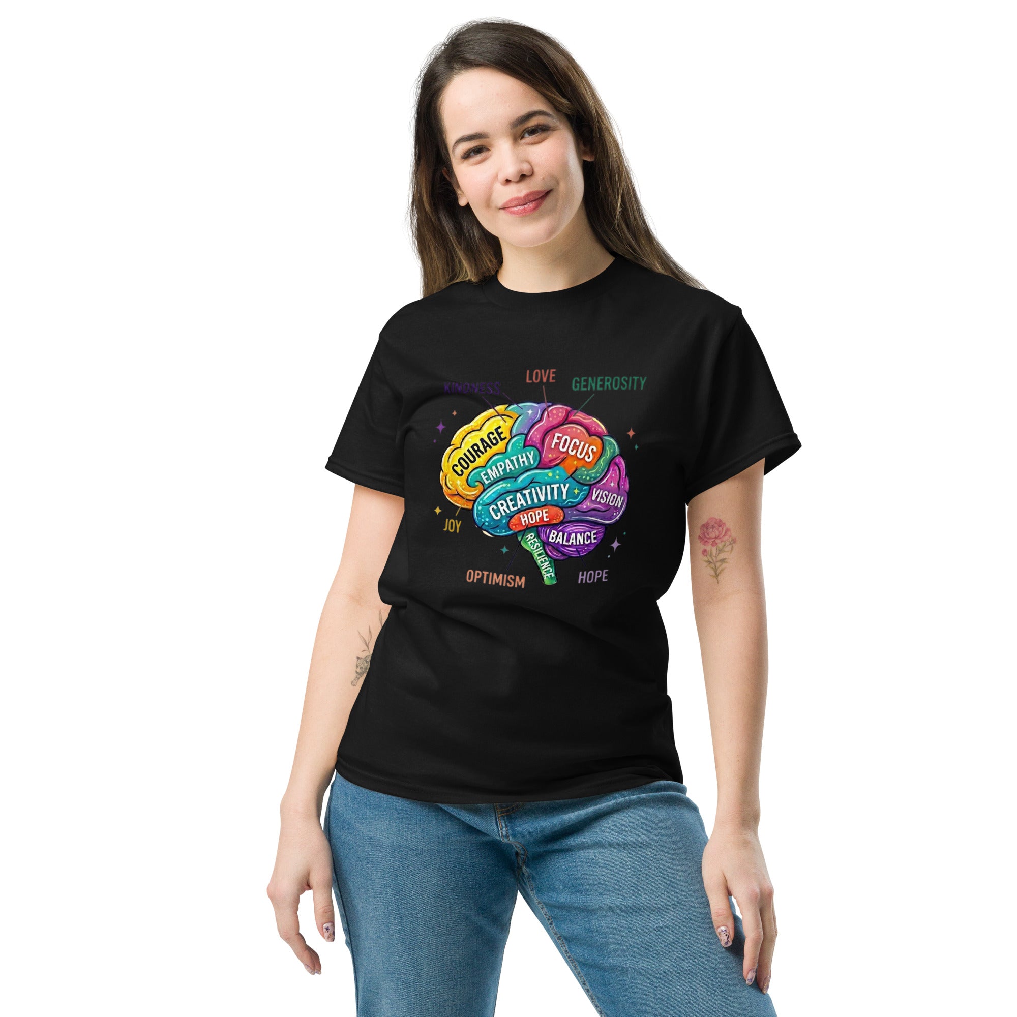 Mindset Brain Art T-shirt styled with a casual jacket for a contemporary streetwear look.