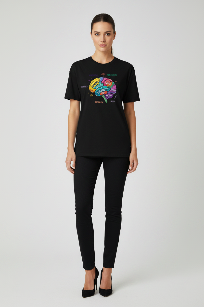 Person wearing a black t-shirt with a colorful brain graphic and text on a white background