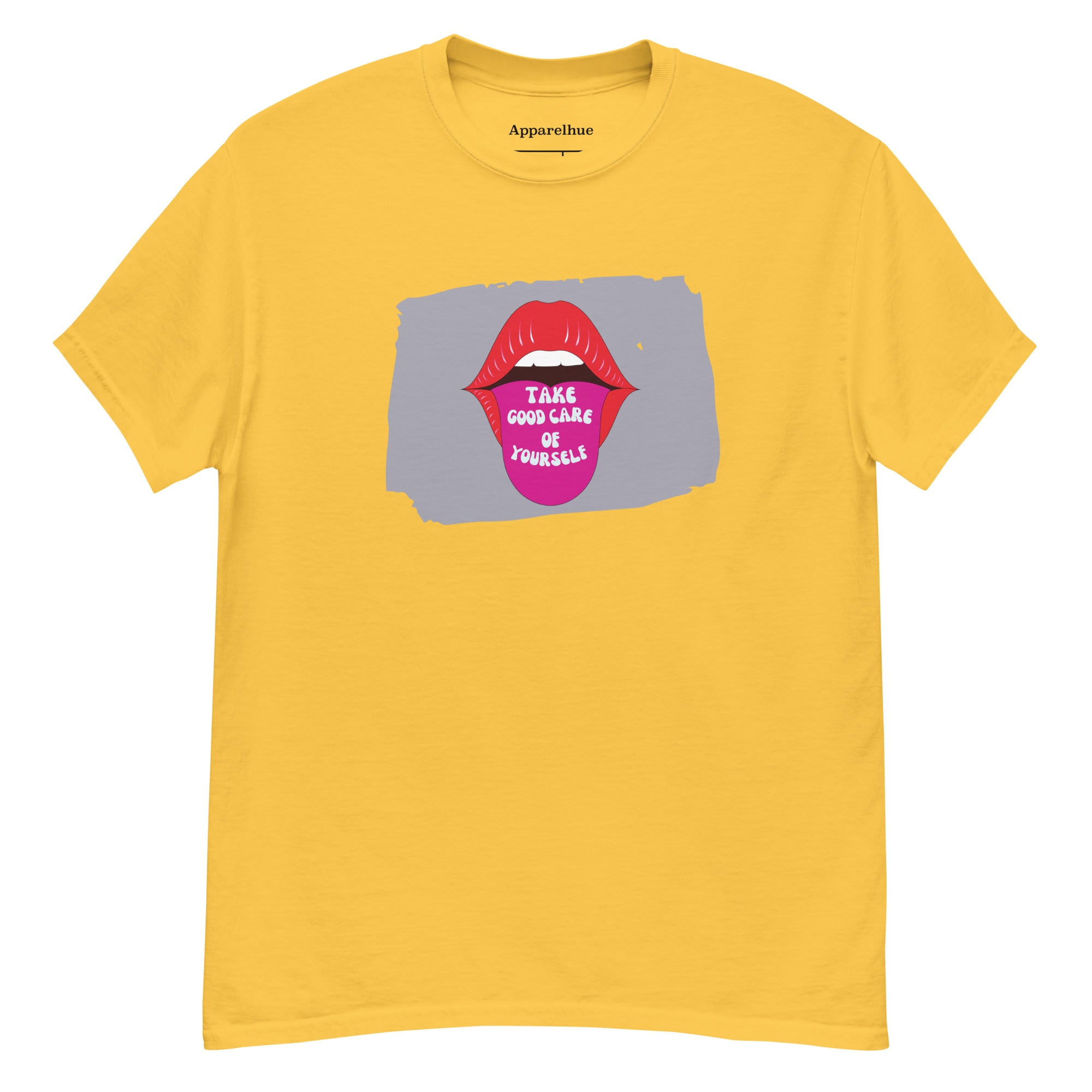 High-resolution detail of the stitching on the Apparel Hue Art wellness tee.