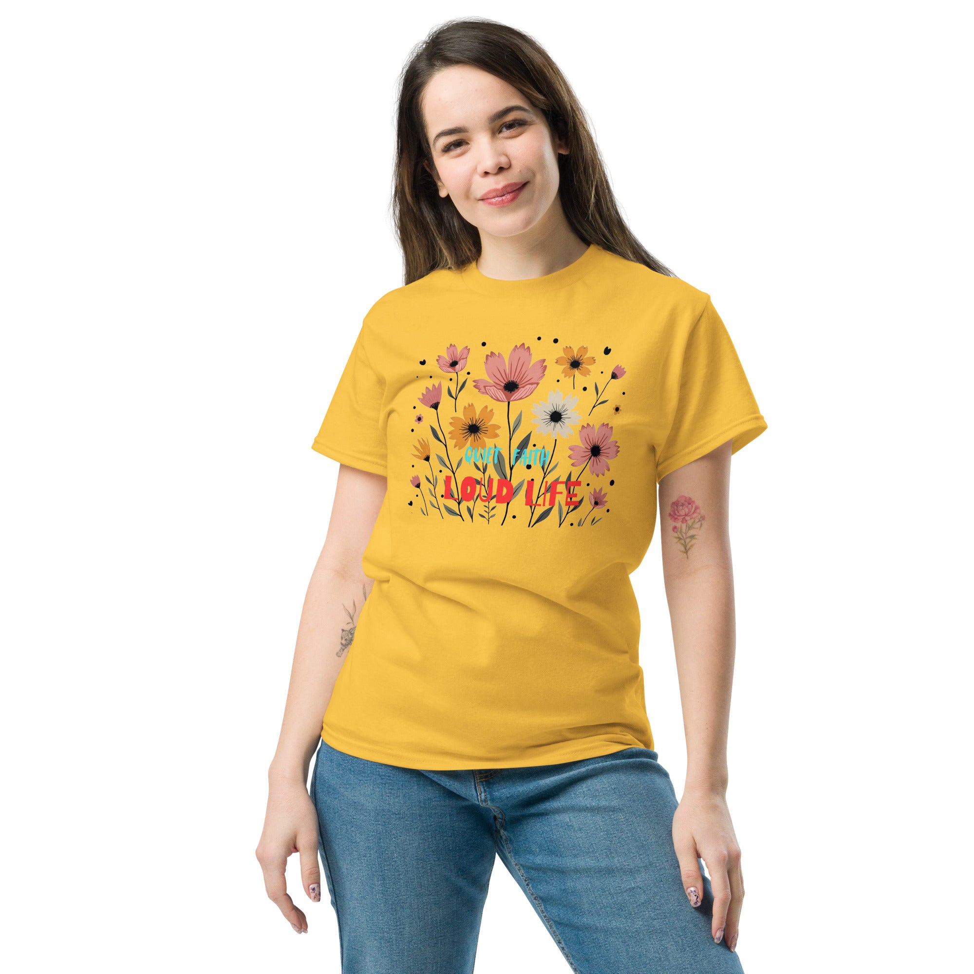 Front view of the unisex Quiet Faith Loud Life T-shirt in a modern Yellow.