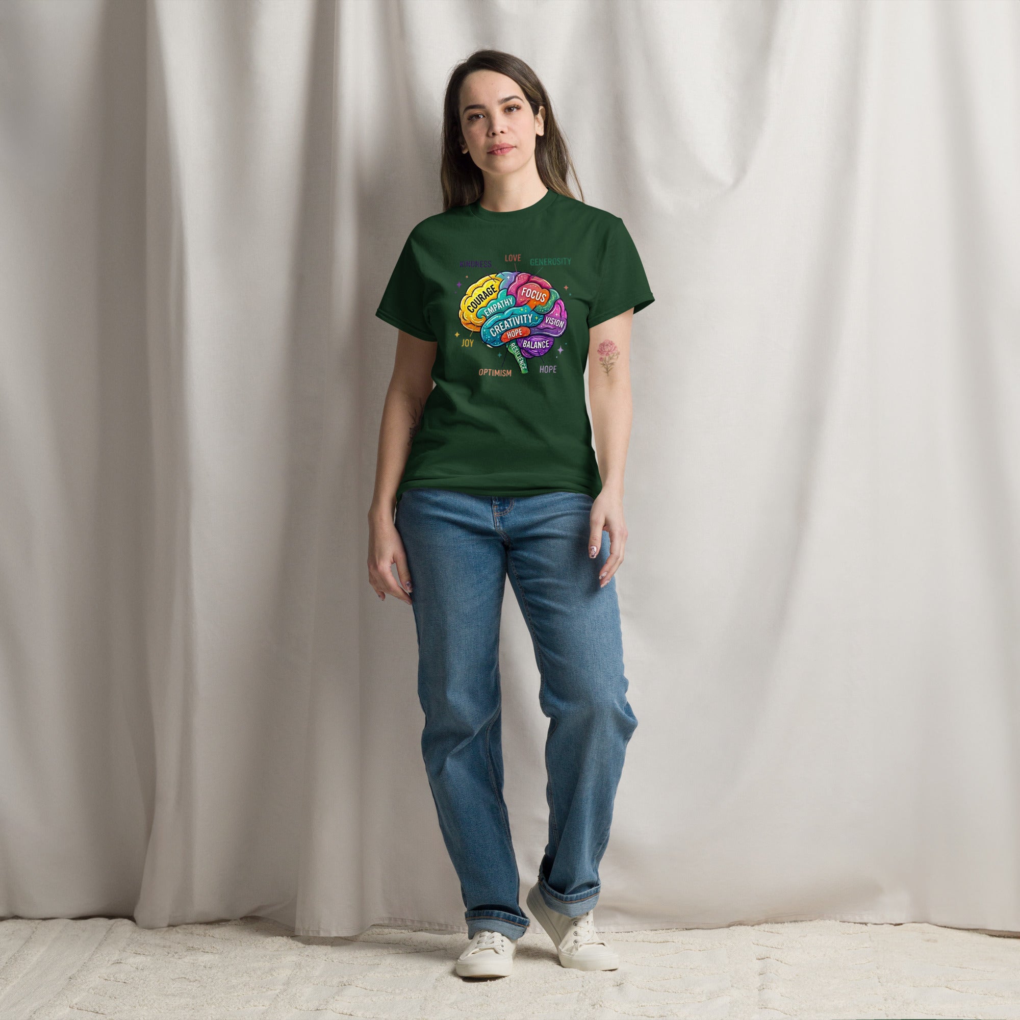 Back view of the Mindset Brain Art T-shirt showcasing the comfortable fit and clean finish.