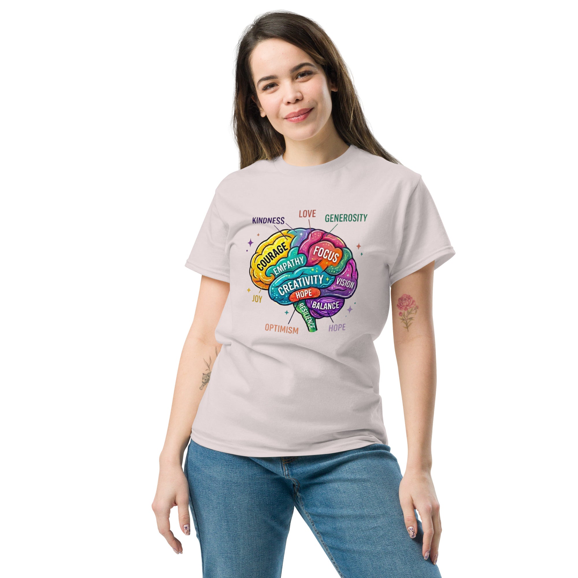casual outfit with brain art t shirt
self growth message brain illustration shirt