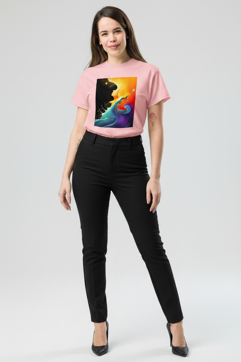 Woman wearing a pink t-shirt with a colorful graphic design on a plain background