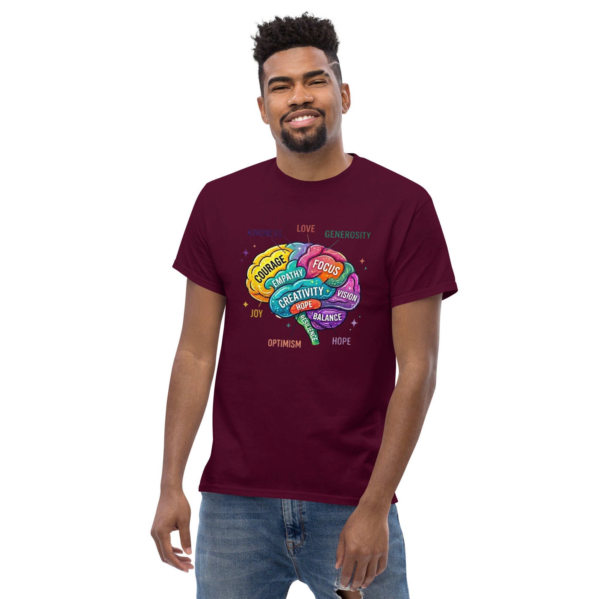 Apparelhue Mindset Brain Art T-shirt displayed on a flat lay with minimalist accessories.