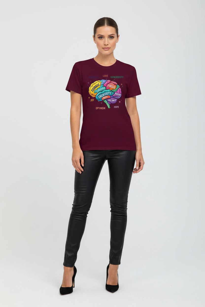Woman wearing a burgundy t-shirt with a colorful brain graphic on a white background