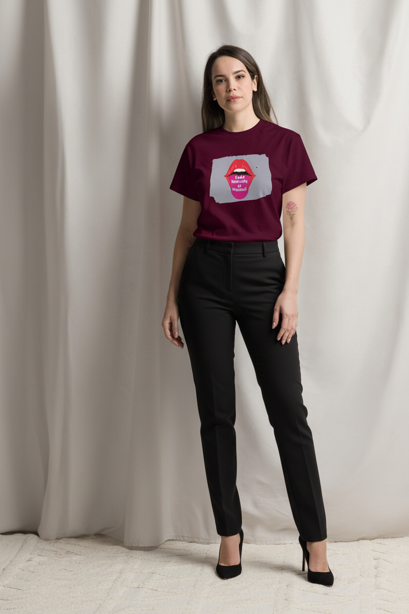A woman modeling a short-sleeve crewneck t-shirt in deep burgundy with a graphic print of red lips on a gray background, paired with black trousers and black heels, standing against a draped light beige fabric backdrop.