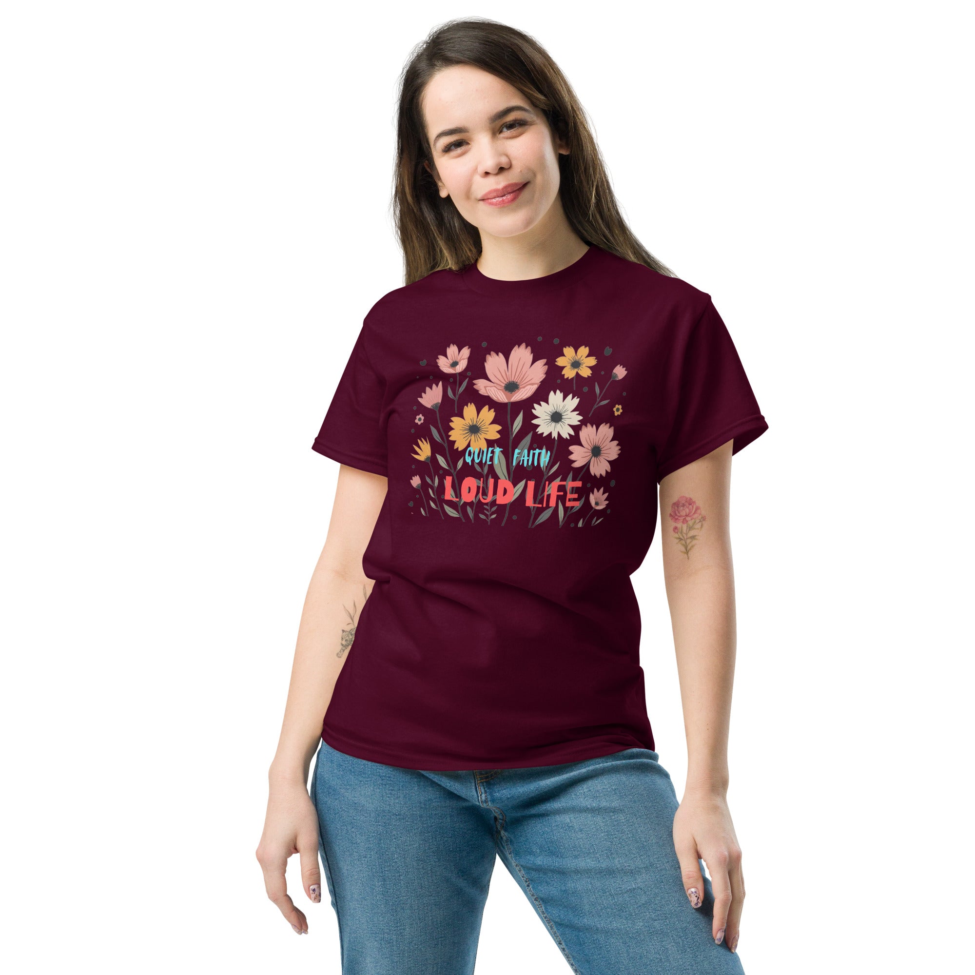Quiet Faith Loud Life Christian T-shirt in white displayed on a minimalist background.