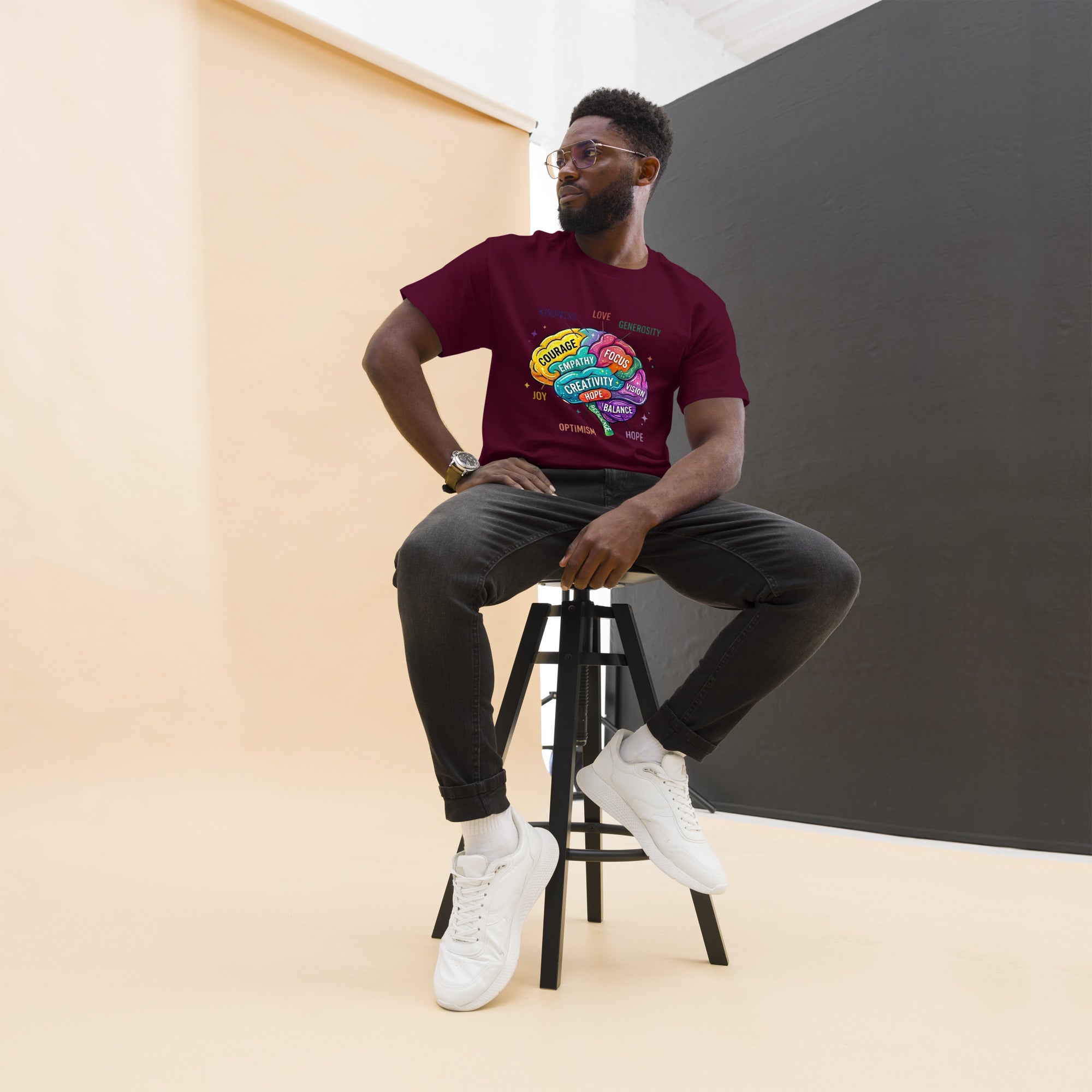 Mindset Brain Art T-shirt folded neatly to show the eco-friendly material and branding