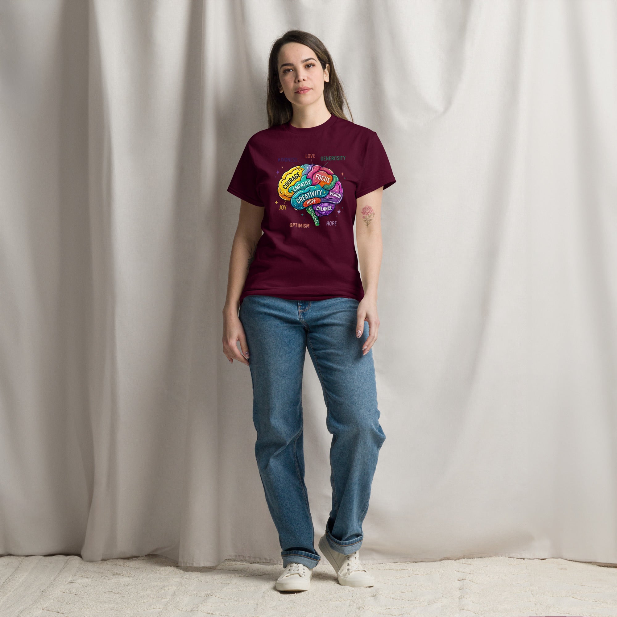 Close-up of the Mindset Brain Art T-shirt showing high-quality fabric and print detail.