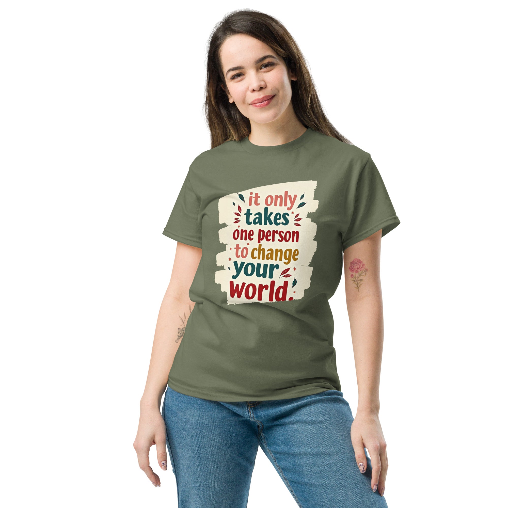 Model smiling while wearing the Apparel Hue Art positive affirmation top. 