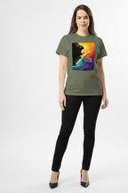 Woman wearing a green t-shirt with a colorful graphic design on a white background