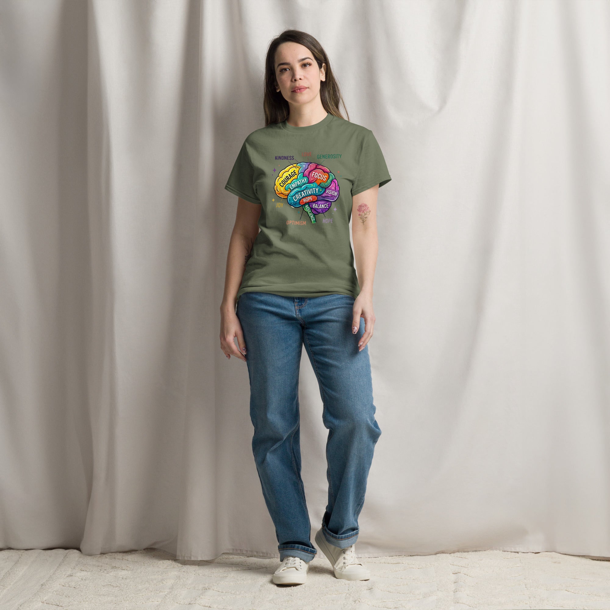 Lifestyle shot of a person wearing the Apparelhue Mindset Brain Art T-shirt in a modern setting.
