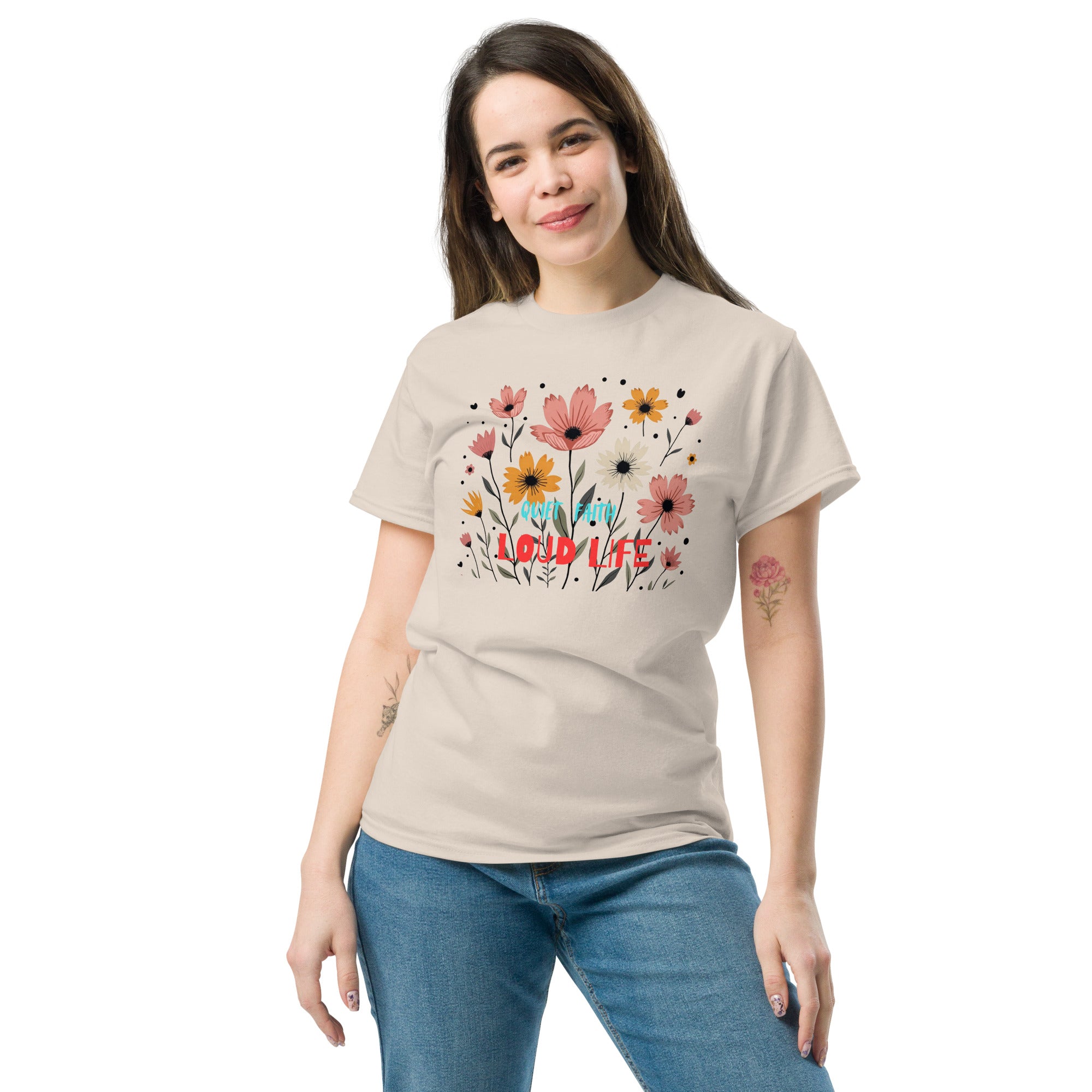 Woman wearing an oversized version of the Quiet Faith Loud Life tee from apparelhue.com.