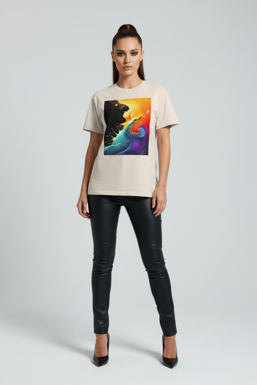 Woman wearing a beige t-shirt with a graphic design on a plain background