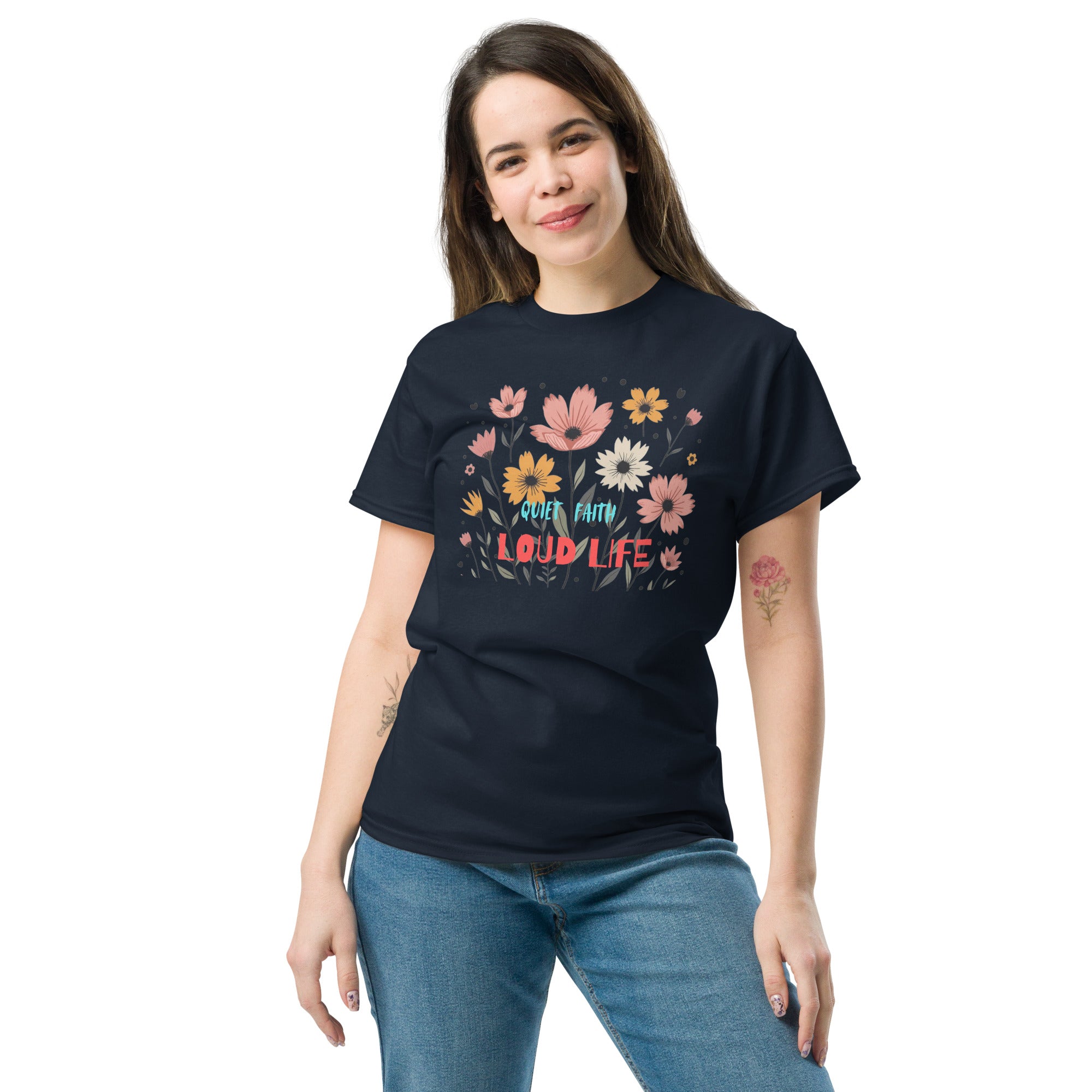 Get  the Quiet Faith Loud Life T-shirt and enjoy it with a Bible and coffee cup