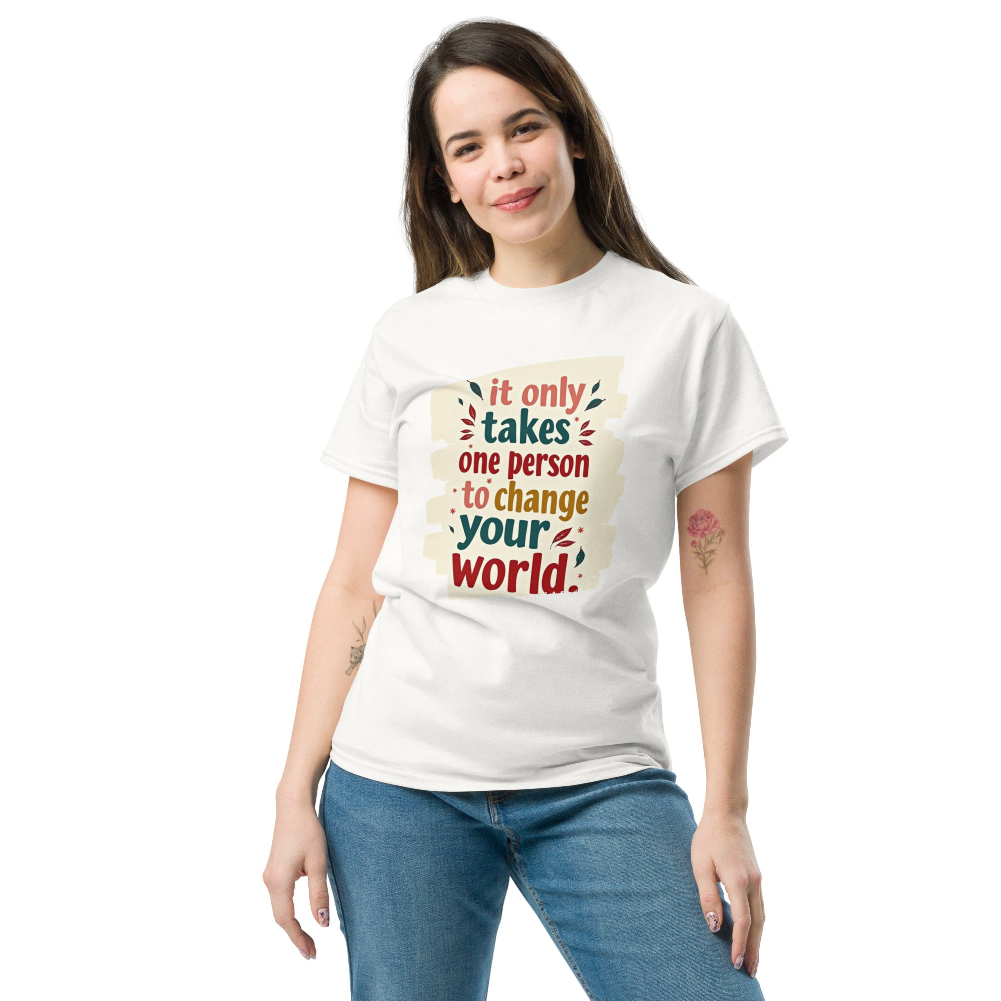 Model wearing Apparel Hue Art motivational quote tee in a lifestyle setting.