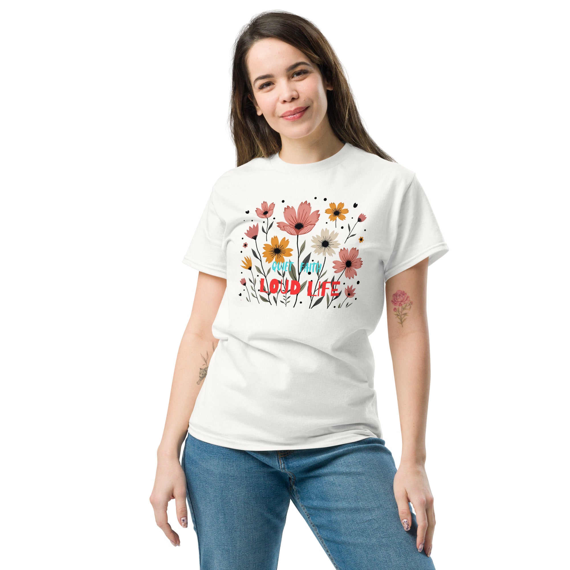 Quiet Faith Loud Life T-shirt displayed on a model