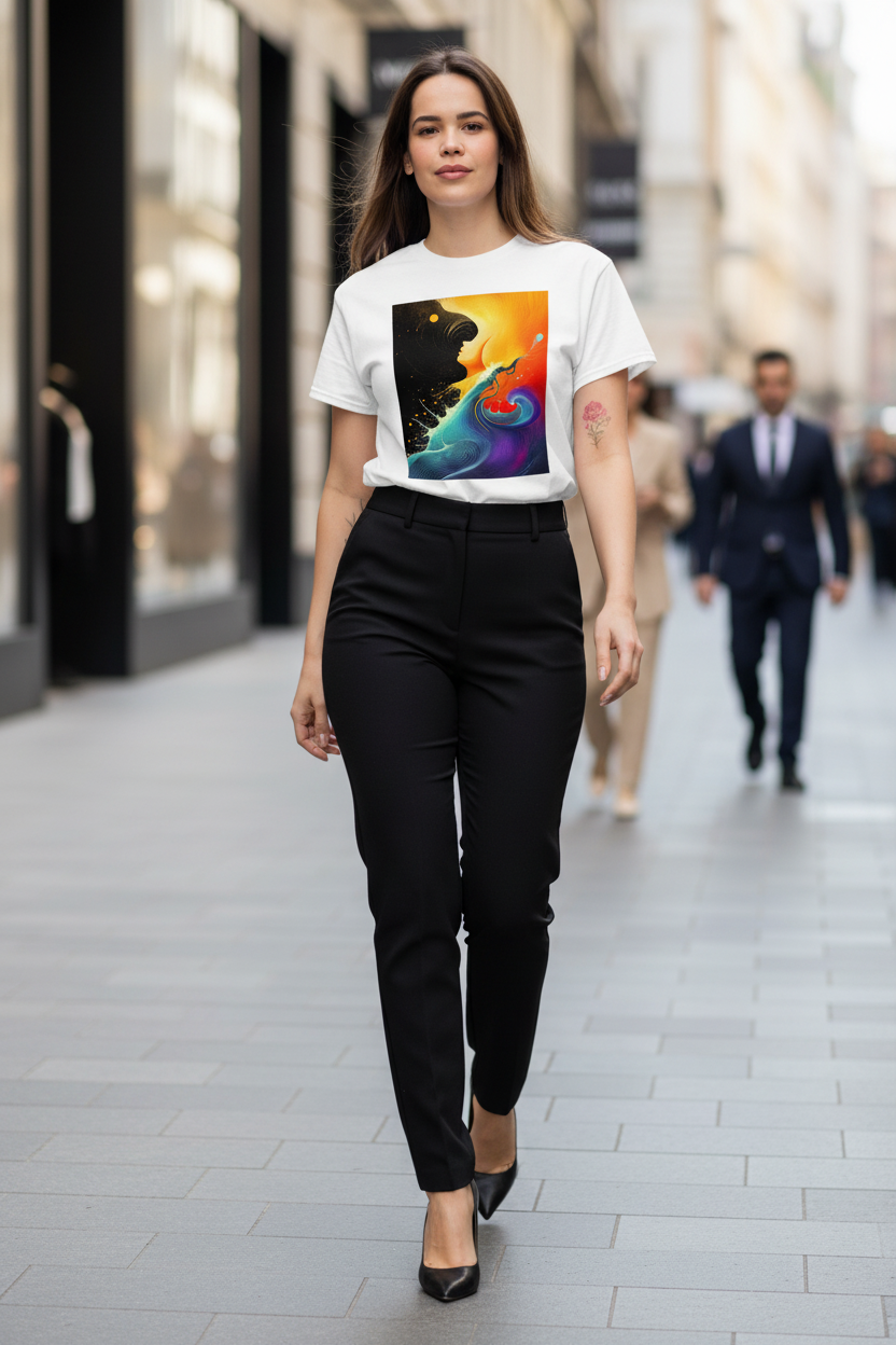 Woman wearing a white t-shirt with a colorful graphic and black pants walking on a city street.