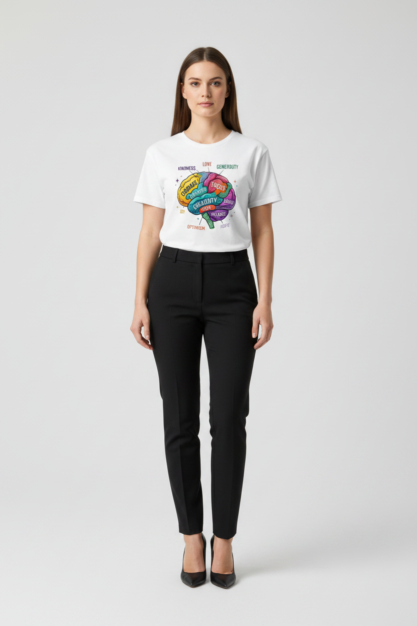 Person wearing a white t-shirt with a colorful graphic design on a plain background